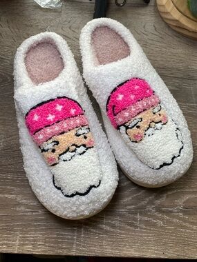 NEW White Santa Slippers with Pink Hat Accent